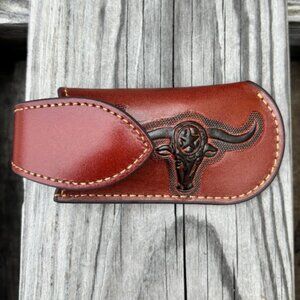 Brown Leather Longhorn Design Large Knife Sheath with Keep